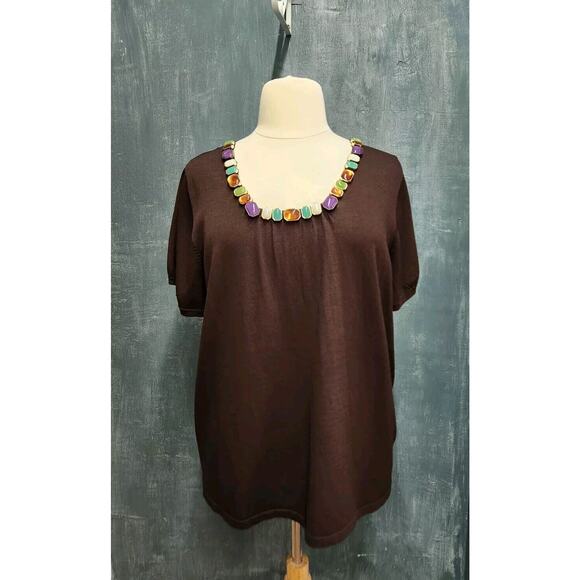 Cable & Gauge Size 2X Brown Beaded Short Sleeve Knit Dressy Blouse - Picture 1 of 9